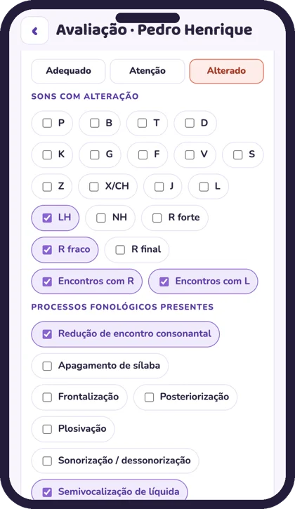 Tela do app: avaliação de fala e fonologia