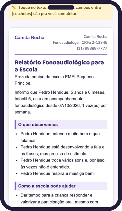 Tela do app: relatório para a escola pronto para editar