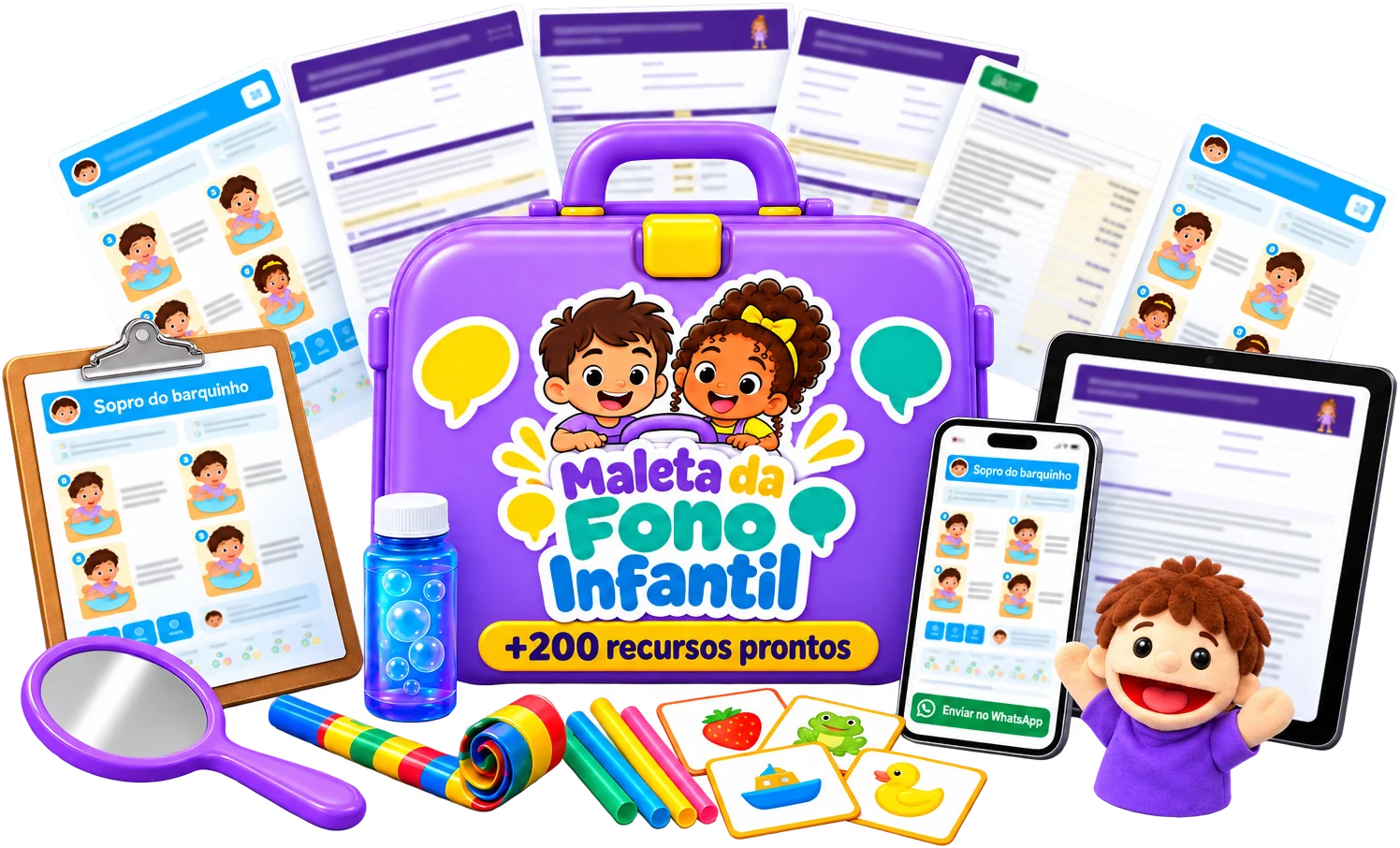 Maleta da Fono Infantil: maleta com as tarefas de casa, os relatórios, o app no celular e objetos de fonoaudiologia