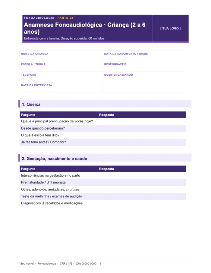 Anamnese fonoaudiológica, criança de 2 a 6 anos (Word)