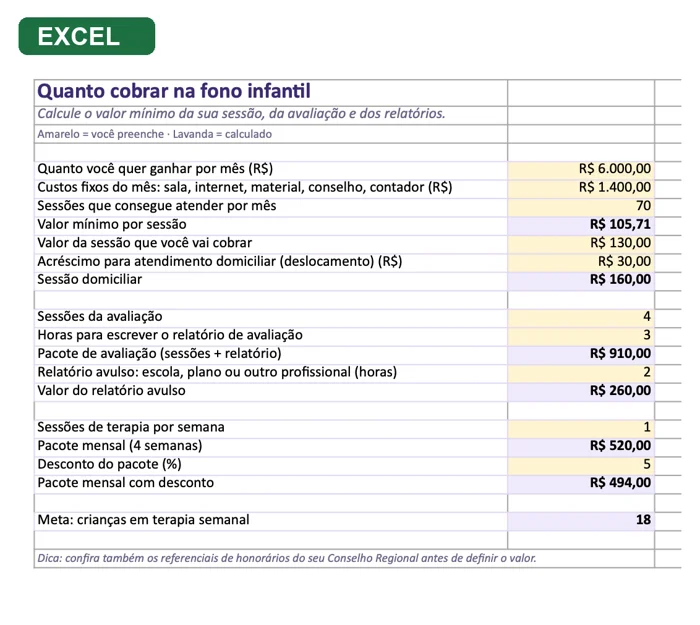 Planilha: quanto cobrar na fono infantil (Excel)